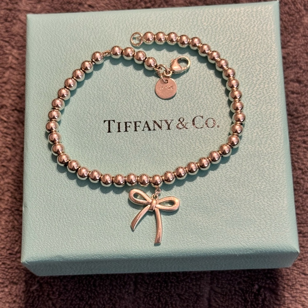 Tiffany & Co. Silver Bead Bracelet with Bow Charm